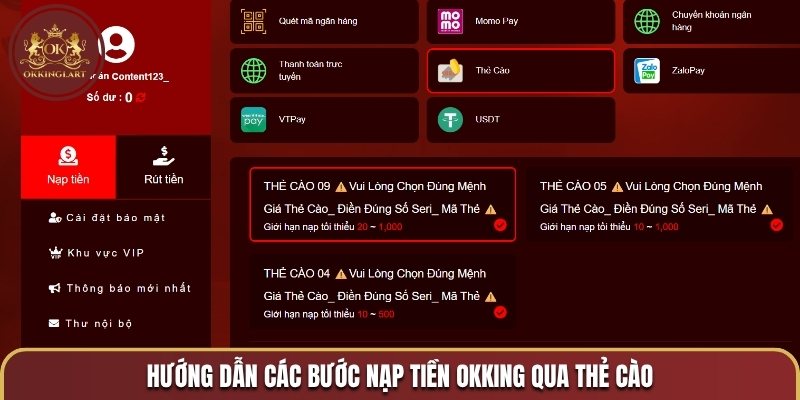 Hướng dẫn các bước nạp tiền OKKING qua thẻ cào